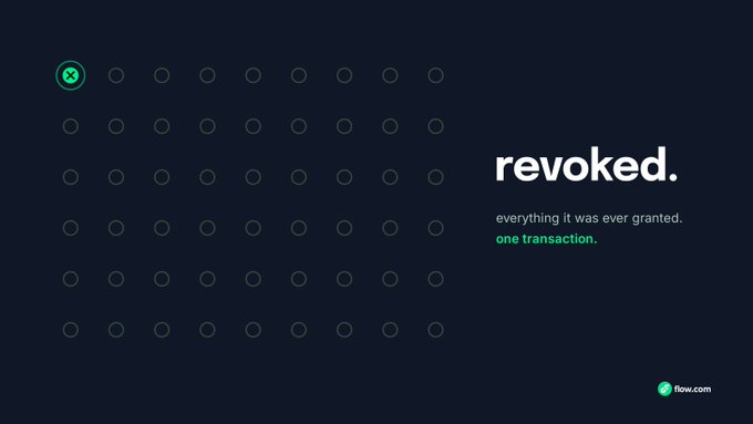 A graphic with a dark background displays a grid of circles with one green 'X' and the text 'revoked. everything it was ever granted. one transaction.' from flow.com.