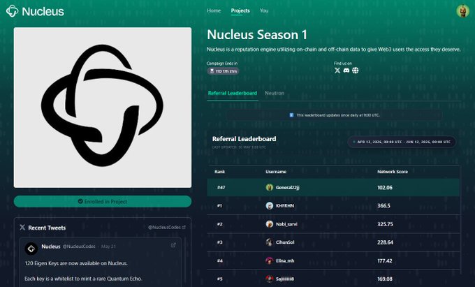 The image displays a screenshot of a computer screen from someone who has created a webpage with information related to a Nucleus Referral Leaderboard. This page shows several details, including the top left corner containing a logo which appears to be a black circle enclosed within a square. The main content focuses on recommendations for people looking to improve their credit scores and raise their rankings in the leaderboard. One recommendation suggests that users should focus on building up real activity on their on-chain wallets. This webpage might be helpful to users who are seeking ways to enhance their financial situation or credit rating, possibly those trying to access a certain Nucleus platform or resource where such information is relevant.