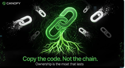 A digital artwork with a dark green background showing a glowing green chain link morphing into roots, with the Canopy logo and the tagline 'Copy the code. Not the chain. Ownership is the most that lasts.'