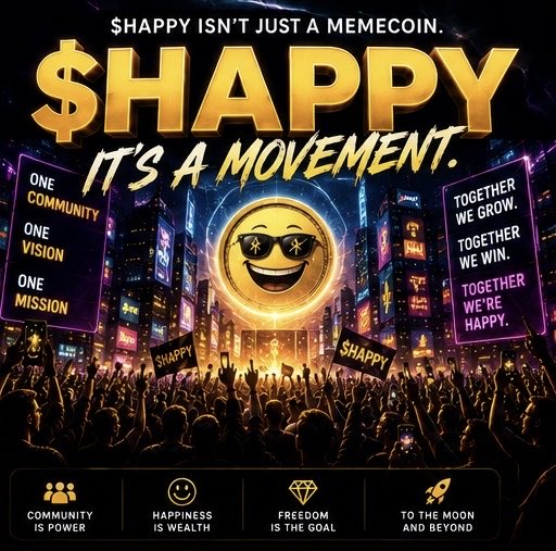 A promotional graphic for "$HAPPY" cryptocurrency declaring "SHAPPY ISN'T JUST A MEMECOIN. IT'S A MOVEMENT," featuring a cool sunglasses emoji against a city skyline with crowds holding signs, alongside pillars like "One Community, One Vision, One Mission" and "Together We Grow, Together We Win, Together We're Happy." The post announcing the launch via join.pump.fun/HSag/wpvnwsup aligns with the image's rallying-call aesthetic promoting the token's debut.