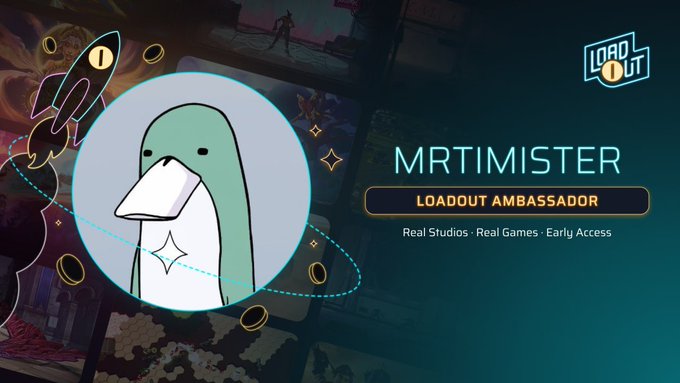 A promotional graphic for 'MRTIMISTER' as a 'LOADOUT AMBASSADOR' for the game 'LOADOUT' by Real Studios, featuring a cartoon green and white duck-like character.