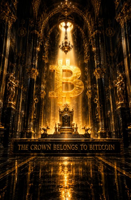 A regal, golden cathedral interior showcases an ornate throne crowned by a massive illuminated Bitcoin (₿) symbol, with the inscription "THE CROWN BELONGS TO BITCOIN" displayed beneath it—visually reinforcing the post's message of "ONE KING. NO RIVALS #bitcoin" by depicting Bitcoin as the supreme, undisputed ruler of the crypto realm.