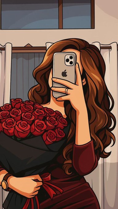 A digital illustration of a woman with long brown wavy hair taking a mirror selfie with an iPhone while holding a large bouquet of red roses.