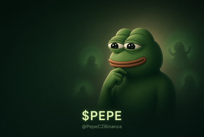 A 3D-rendered green Pepe the Frog character in a thinking pose against a dark green background, labeled '$PEPE' with the handle '@PepeCZBinance'.