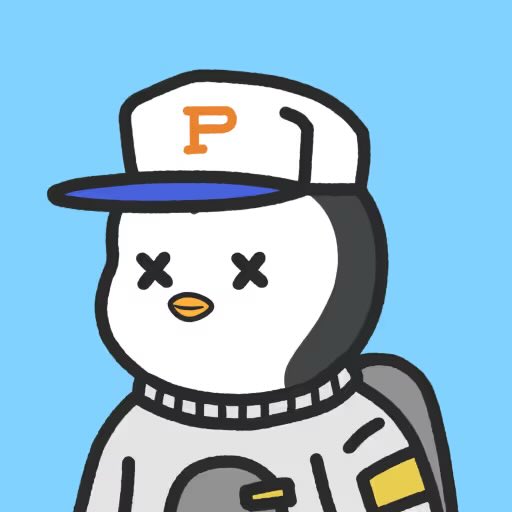 A cartoon penguin mascot wearing a baseball cap with an orange "P" logo, an "X" for both eyes, and a backpack, set against a light blue background. The image serves as the character for the P3NGS NFT project mentioned in the post, which highlights an upcoming release the author is excited about after getting an early preview.