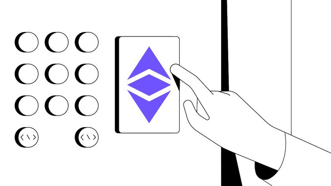 An animated illustration depicts a hand pointing at a smartphone displaying the blue Ethereum logo, set against a grid of circles.
