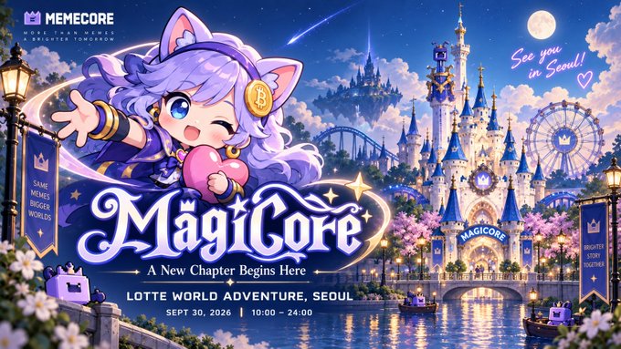 A promotional poster for 'MagiCore' event featuring an anime-style purple-haired character, a castle, and the text 'A New Chapter Begins Here' at Lotte World Adventure, Seoul on Sept 30, 2026.