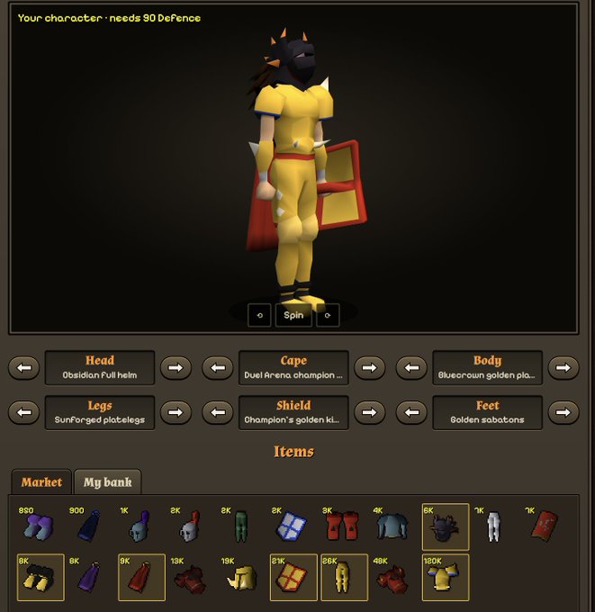 A character equipment screen from Old School RuneScape showing a figure in yellow Bluecroun golden platebody with an Obsidian full helm, displaying a notification that 'Your character needs 80 Defence'.