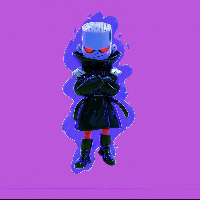 Digital artwork of a robot-like character with a metallic head, glowing red eyes, and a black trench coat, standing against a purple background with a blue aura.