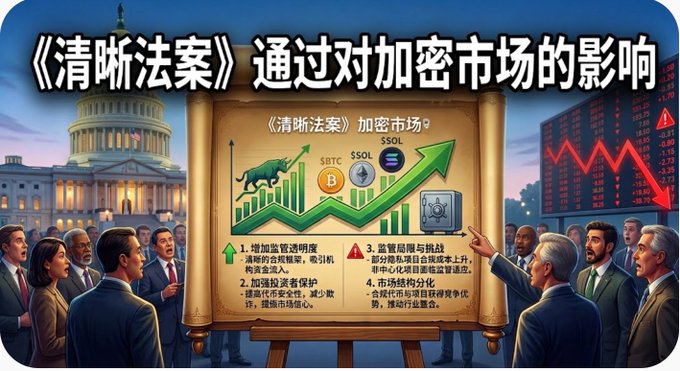 Chinese-language infographic titled '《清晰法案》通过对加密市场的影响' (Impact of CLARITY Act on crypto market) showing bullish chart with BTC, SBTC, SSOL logos and listing four impact points including increased regulatory clarity and DeFi innovation.