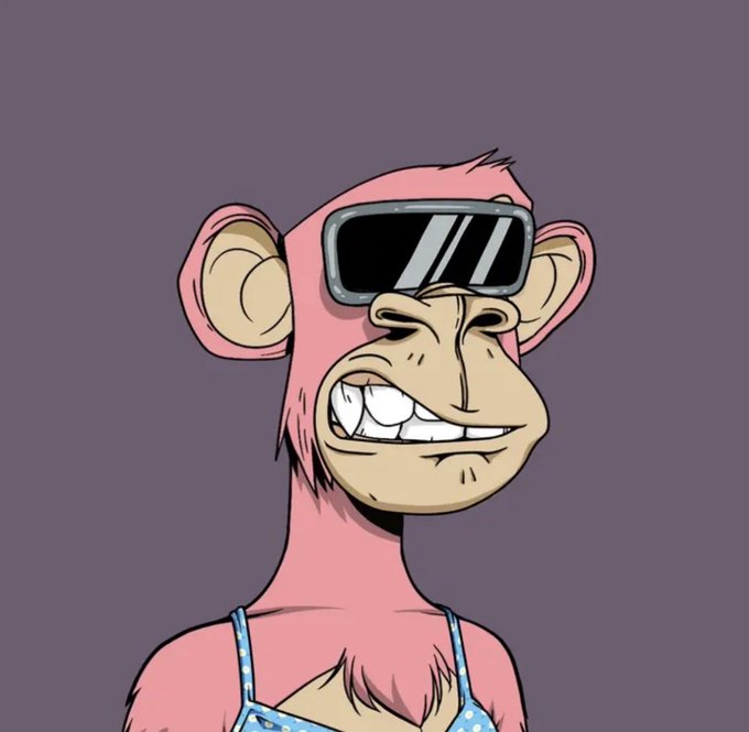 A digital illustration depicts a stylized pink ape character wearing dark sunglasses and a blue polka-dot top against a solid gray background.