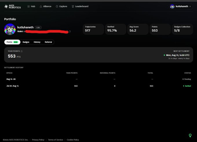 Screenshot of a user dashboard on the AXIS ROBOTICS website for user 'kutluhaneth,' displaying 553 Points, a 95.7% Verified rate, and a Pending settlement history.