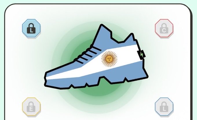 An illustration of an Argentina-themed sneaker featuring the blue and white flag colors and sun emblem, surrounded by lock icons.