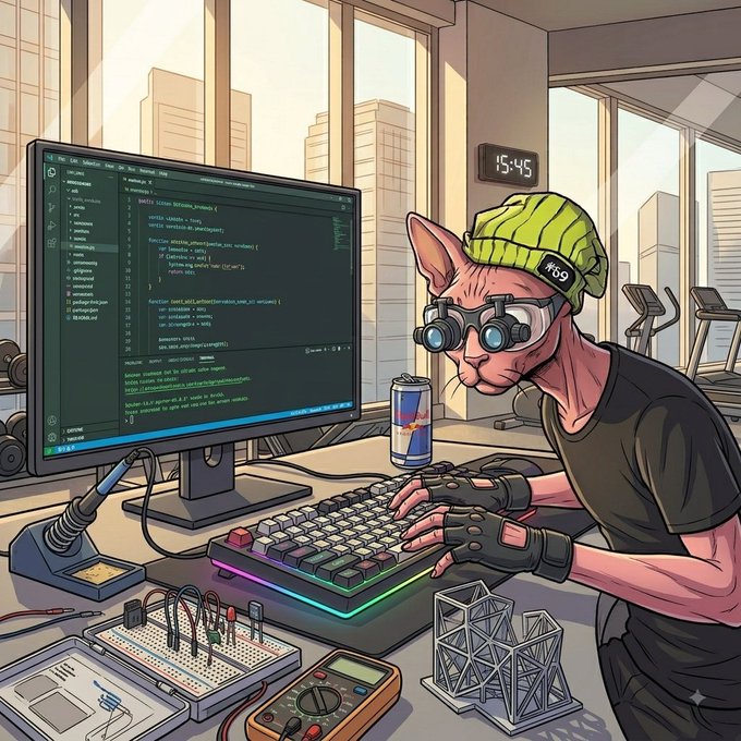 A hairless cat wearing a green beanie and tactical goggles is coding at a desk, with a computer screen displaying code, a digital clock reading 15:45, and a soldering iron setup nearby, capturing the midweek grind of a tech-savvy feline ready to greet fellow developers with "GM, frens."