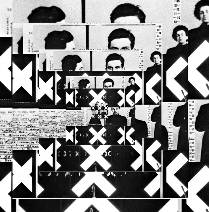 A black and white artistic collage featuring repeated, overlapping images of a person's face and figures arranged in a recursive, tunnel-like pattern with arrow shapes and handwritten text elements.