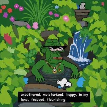 A pixel art image of a cool Pepe the Frog with sunglasses, a gold chain with a "B" pendant, sitting in a lush green jungle with a waterfall. The text reads: "unbothered. moisturized. happy. in my lane. focused. flourishing."