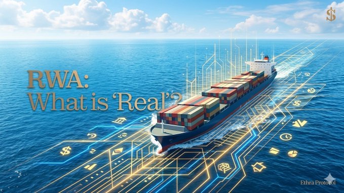 A container ship on the ocean with digital/tech graphics overlay, displaying the text 'RWA: What is 'Real'?' with an 'Ethra Protocol' logo in the corner.