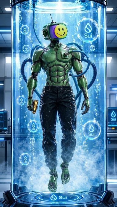 A digital illustration of a green muscular figure with a TV-headed smiley face and antennas, submerged in a glass tank of water containing floating 'Sui' logos.