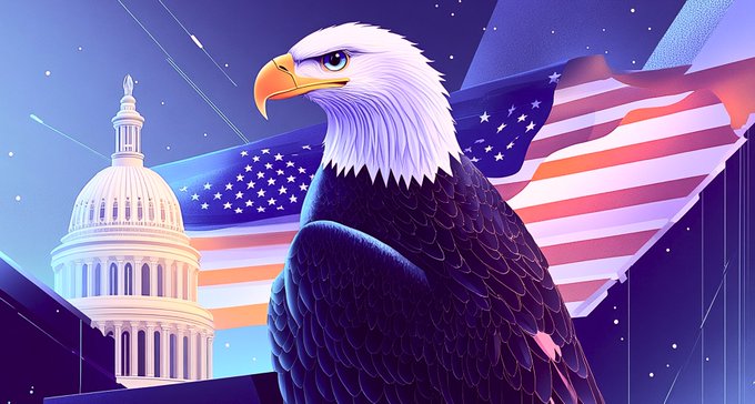 A stylized illustration of a bald eagle in front of an American flag with the U.S. Capitol building visible on the left against a starry background.