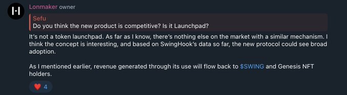 A Discord message from user 'Lonmaker' replying to 'Sefu' about a non-token launchpad called 'SwingHook', explaining that generated revenue will flow back to '$SWING' and Genesis NFT holders.