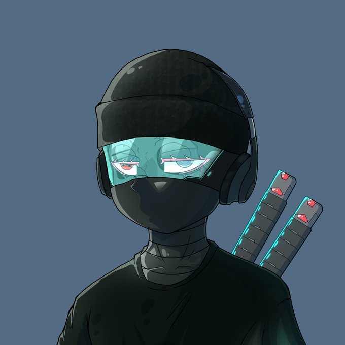 An anime-style digital illustration of a ninja character wearing a black helmet, face mask, and goggles with glowing blue eyes, carrying swords on their back.
