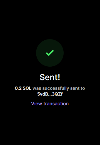 A successful transaction confirmation screen showing "Sent!" with a green checkmark, indicating 0.2 SOL was sent to the wallet address "5vdB...3QZf", accompanied by a "View transaction" link. The image serves as proof of an active SOL transaction, supporting the post's encouragement for users to check their SOL wallet activity.