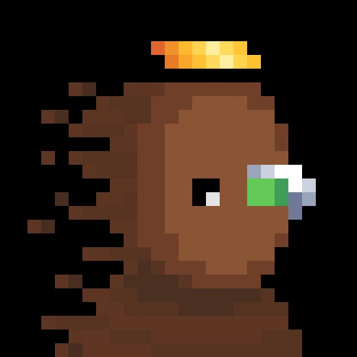 A pixel art illustration of a brown, smudge-edged character wearing a yellow halo, featuring an eye and a rainbow-like pixelated nose.