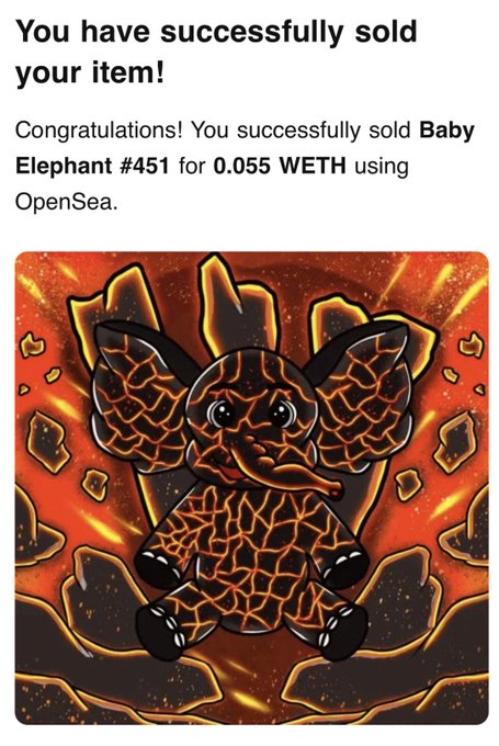 The image features a cartoon elephant sitting on rocks, with text that congratulates the seller for successfully selling their item. The post also includes information about the baby elephant being sold using WETH, as well as an invitation for the SBE Club members to join in and celebrate this achievement together.