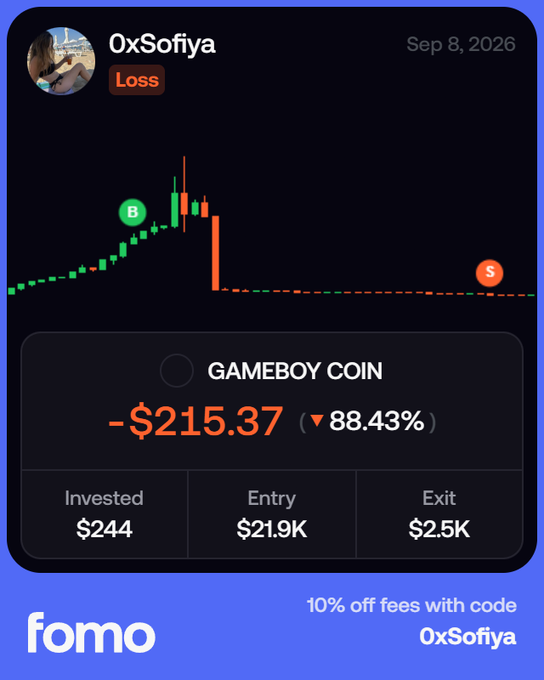 A "fomo" app screenshot showing a user's loss of -$215.37 (-88.43%) on "GAMEBOY COIN," with a promo code "0xSofiya" for 10% off fees.