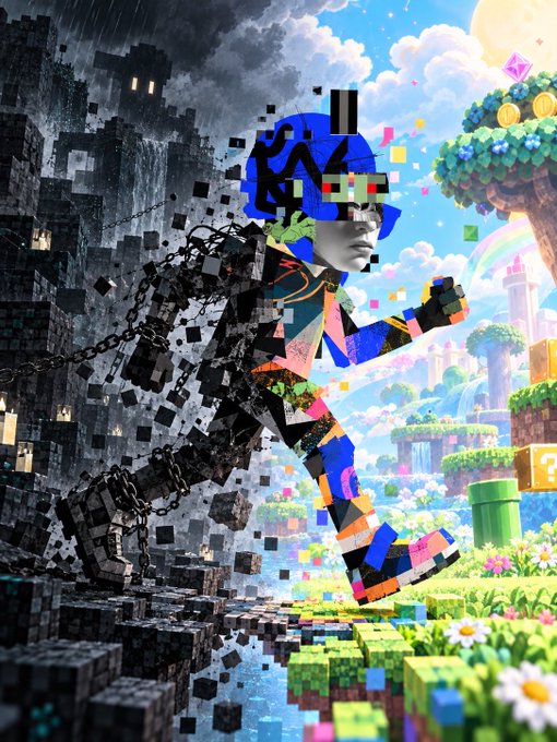 A surreal digital artwork showing a figure made of colorful pixelated blocks running through a split scene—dark, glitchy ruins with chains on the left and a vibrant Mario-style mushroom kingdom on the right.