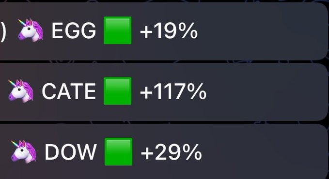 A Robinhood portfolio screenshot shows impressive gains across three meme coin positions: EGG up 19%, CATE soaring 117%, and DOW up 29%, all marked with green indicators. The image illustrates the post's bullish sentiment about the user's Robinhood holdings performing well.
