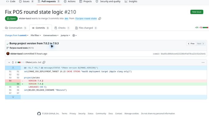 A GitHub pull request page titled 'Fix POS round state logic #210' by victor-lucci in the fix/pos-round-state branch, showing a version bump from 7.0.2 to 7.0.3 in CMakeLists.txt.