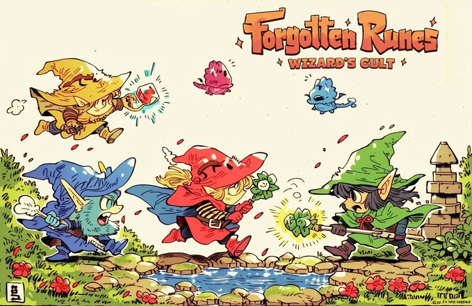 Colorful cartoon artwork for 'Forgotten Runes - Wizard's Cult' NFT project, showing chibi-style wizard characters with small creature familiars in a fantasy landscape.