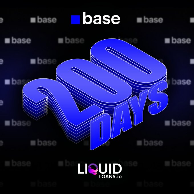 A promotional graphic featuring a large 3D blue '200 DAYS' text against a dark background with repeating 'base' logos, branding by LiquidLoans.io.