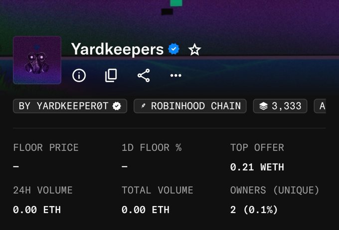 Another NFT marketplace listing for 'Yardkeepers' showing the same 3,333 items with 2 unique owners, top offer of 0.21 WETH, and no floor price or volume.