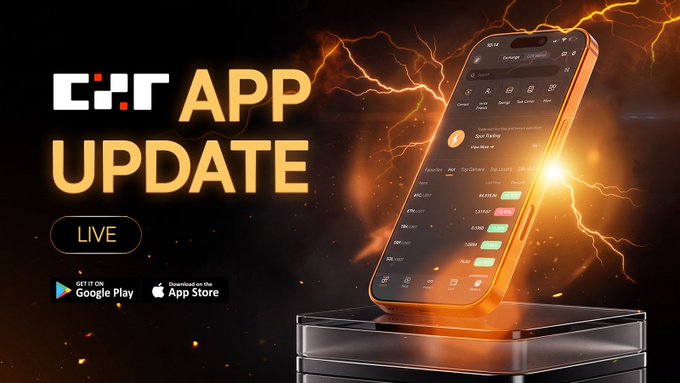A promotional banner announcing a 'CHX APP UPDATE' marked LIVE, showing a smartphone displaying the app interface against a dramatic background with lightning effects.
