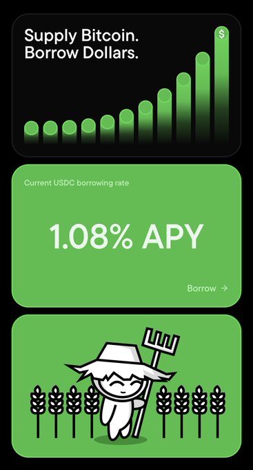 There are two different charts displayed on the screen, one showing a graph with bars indicating rising values over time, and another featuring a character who appears to be a farmer holding a pitchfork standing in an agricultural setting surrounded by wheat plants. The text above these two images reads "1.08% APY to borrow USDC Liquidium has the best borrow rate in the industry right now - and this is not through some weird token printing compensation or anything. It’s literally a real borrowing rate of just