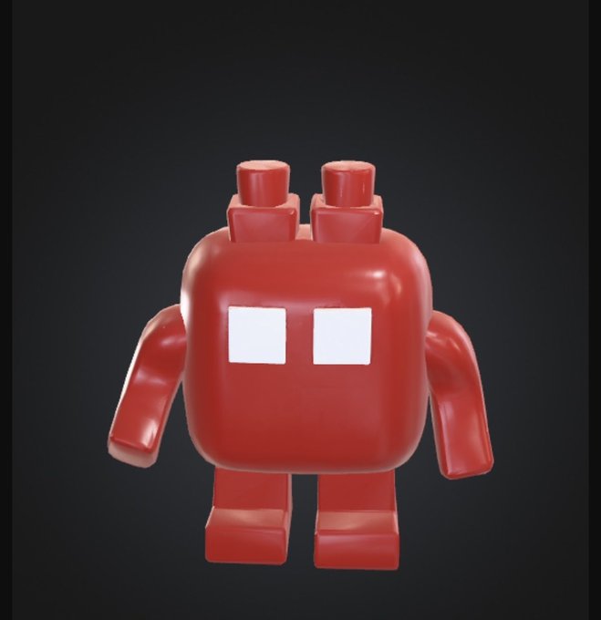A 3D render of a small, red, blocky robot character with two antenna-like protrusions on its head and two white square eyes, standing against a dark background.