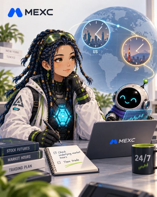 An anime-style illustration shows a blue-haired character with goggles sitting at a desk with a 'MEXC' branded laptop, writing in a notebook reading 'Check underlying market hours' and 'Then trade.', next to books labeled 'STOCK FUTURES', 'MARKET HOURS', and 'TRADING PLAN', with a globe and clocks showing 'US' and 'JP' times, and a '24/7' mug.