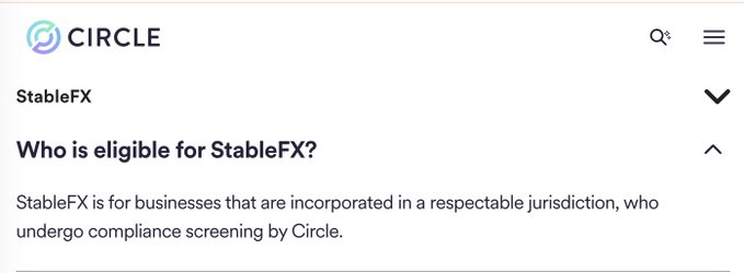 A screenshot from Circle's website showing their "StableFX" section, which explains that "StableFX is for businesses that are incorporated in a respectable jurisdiction, who undergo compliance screening by Circle." This relates to the post by confirming that Circle's onchain FX service is currently live for eligible businesses, supporting the announcement of retail RWAs as the next potential offering.