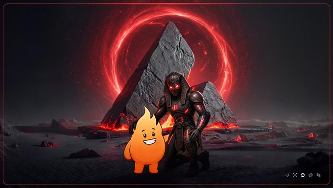 A digital artwork featuring a red-armored knight standing next to a smiling, cute flame character in front of a glowing red portal and a dark monolith.