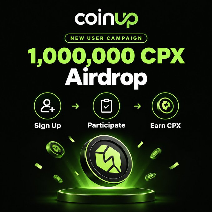 A CoinUp new user campaign advertisement highlights a '1,000,000 CPX Airdrop' with three steps: Sign Up, Participate, and Earn CPX, featuring a glowing green CPX token on a black background.