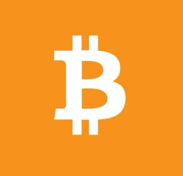 The Bitcoin logo (₿) in white on a solid orange background.