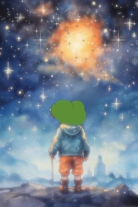 A whimsical watercolor illustration of a green-headed frog character wearing a blue hoodie and orange pants, gazing at a starry night sky with a glowing nebula.