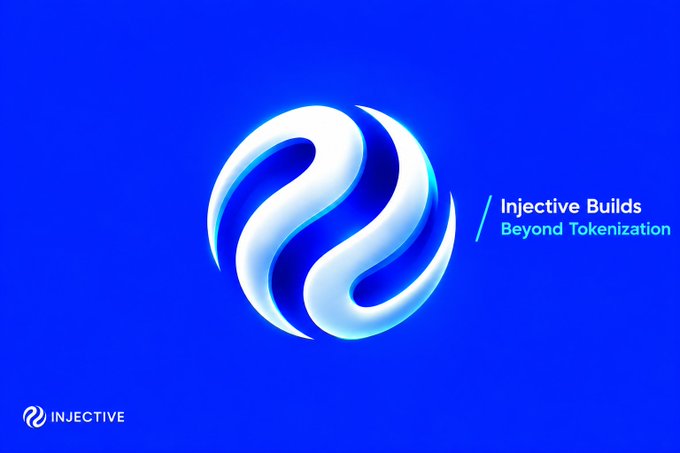 A promotional graphic for Injective featuring its blue swirl logo and the tagline 'Injective Builds Beyond Tokenization'.
