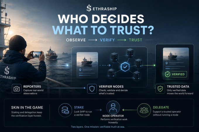 An infographic for 'ETHRASHIP' titled 'WHO DECIDES WHAT TO TRUST?' showing a workflow from OBSERVE to VERIFY to TRUST, involving reporters, verifier nodes, and trusted data, with sections on staking and delegation.
