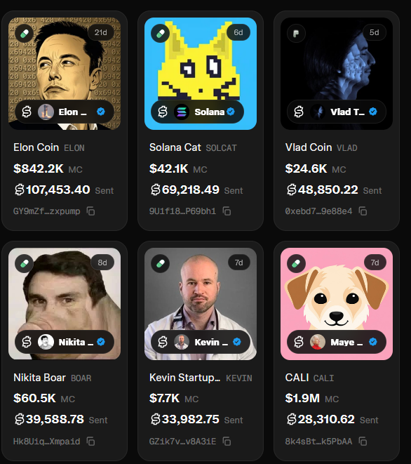 The image shows a grid of six memecoin listings on the $PAID platform, including Elon Coin ($842.2K MC), Solana Cat ($42.1K), Vlad Coin ($24.6K), Nikita Boar ($60.5K), Kevin Startup ($7.7K), and CALI ($1.9M), each displaying their respective market caps and fees sent. This visual exemplifies the platform's rapid activity supporting the post's claims of 18k+ tokens launched and over $1M distributed to 553 X handles in just one week.