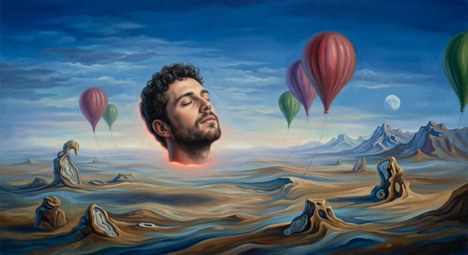 Surreal digital artwork depicting a floating man's head over a desert landscape with hot air balloons and a moonlit sky