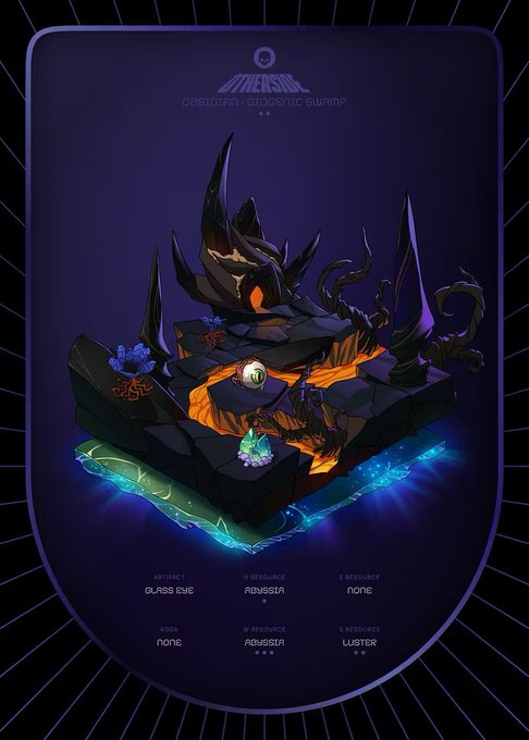 An illustrated card or game screen for "Abyssal" titled "OBSIDIAN: ATLANTIC SWAMP" depicting a dark rocky island with lava, flora, and a central orb, showing stats for artifact, M resource, S resource, book, W resource, and S resource.