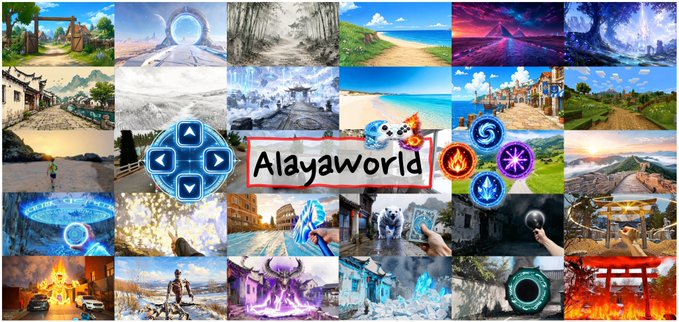 A collage of various game screenshots from what appears to be a VR game, with the text 'Alayaworld' written on a central banner.